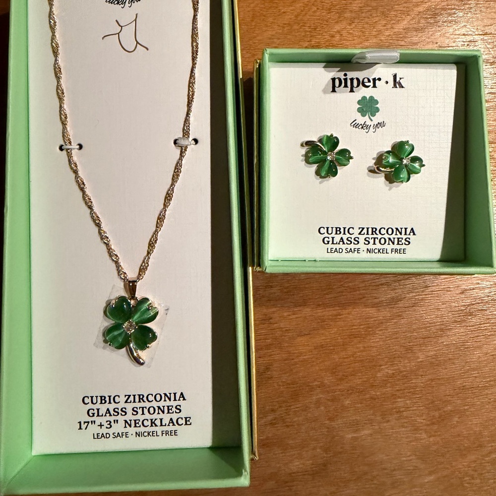 Piper Gold-Tone Necklace and Clover Stud Earring Set with Green Enamel